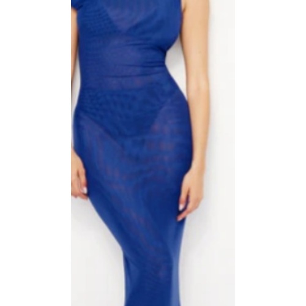 Good American NWT Capri Blue SHEER Ruched Mesh Off Shoulder Maxi Dress S Coctail